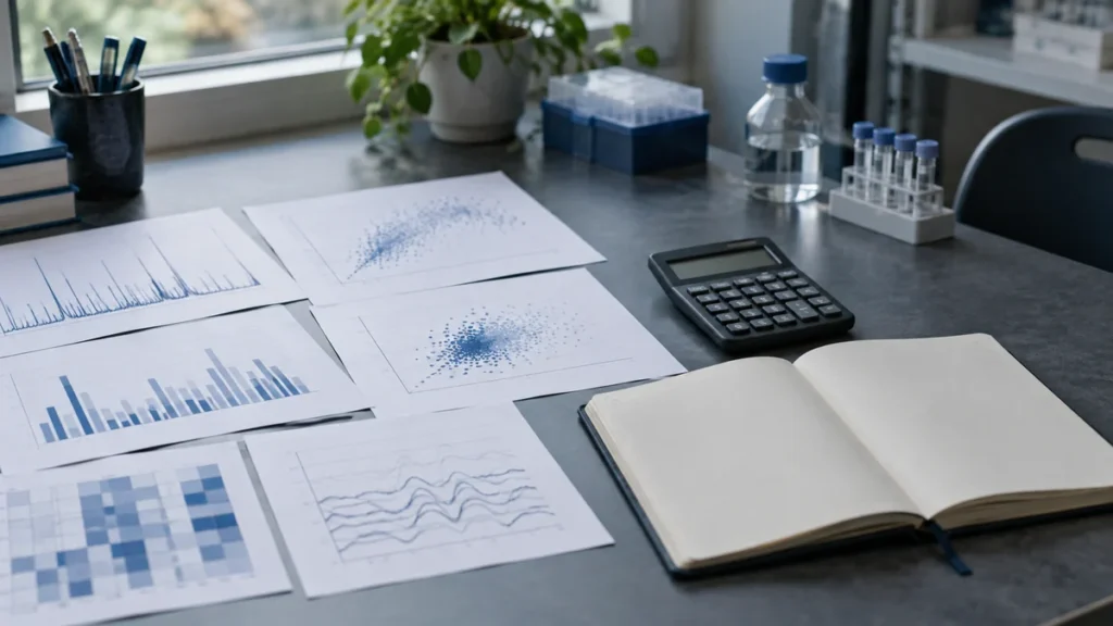 Metabolomics charts beside a notebook in elamipretide oocyte research