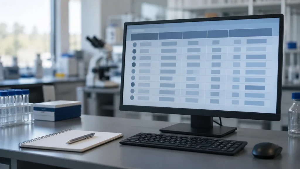 Clinical trial data table on a research monitor