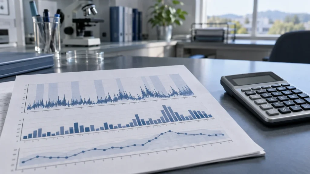 Sleep research charts and a calculator on a laboratory desk