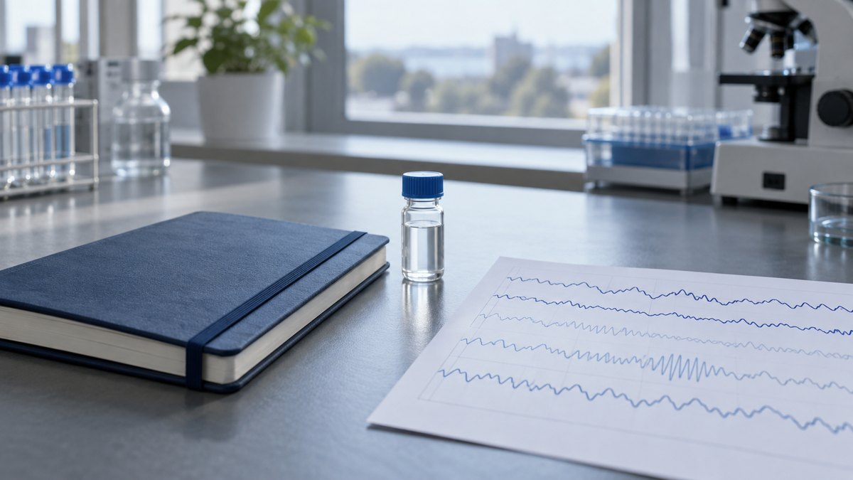 GLP-1 sleep apnoea research chart beside a capped research vial on a laboratory bench