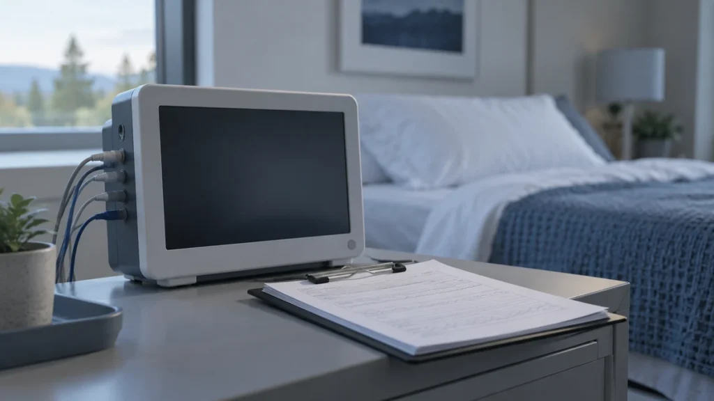 Sleep laboratory monitor and research protocol on a bedside desk