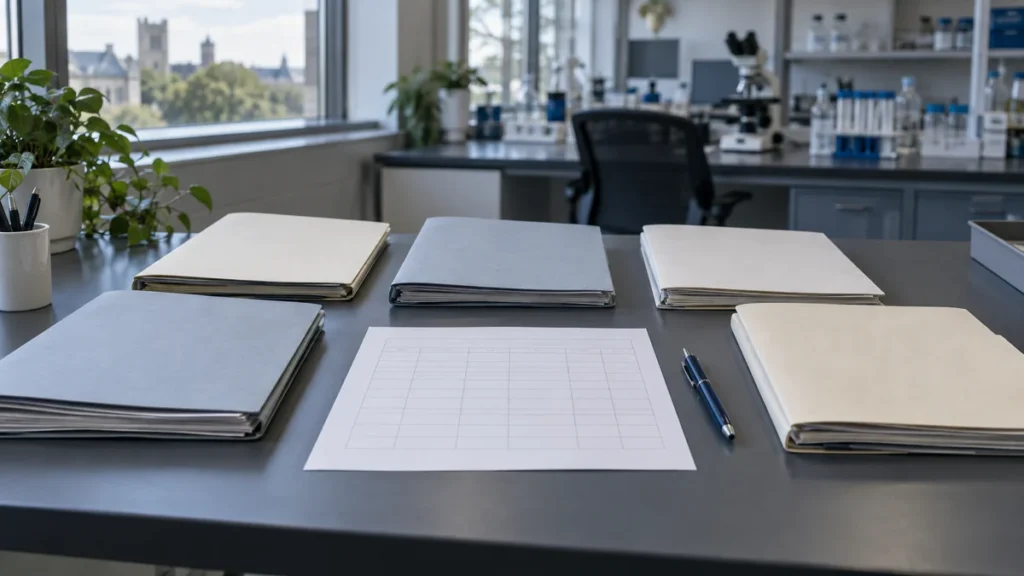 Systematic review folders arranged on a research laboratory desk