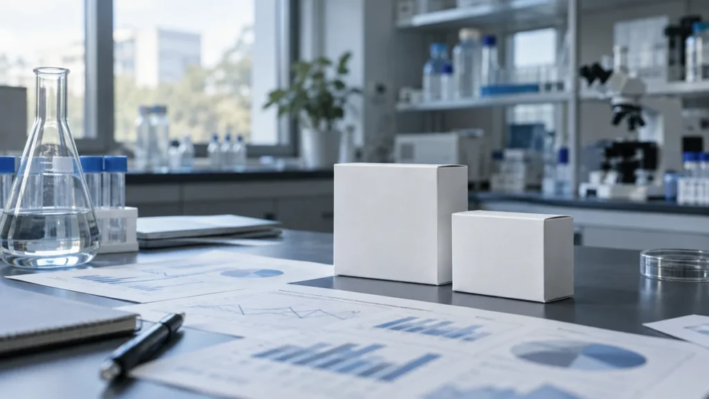 Laboratory glassware and neutral research charts for a BPC-157 evidence review