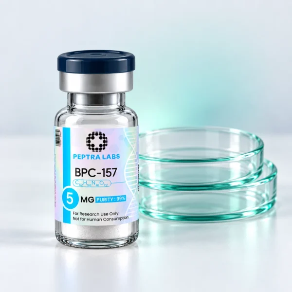 BPC-157 vial next to Petri dishes, recovery and tissue repair research category