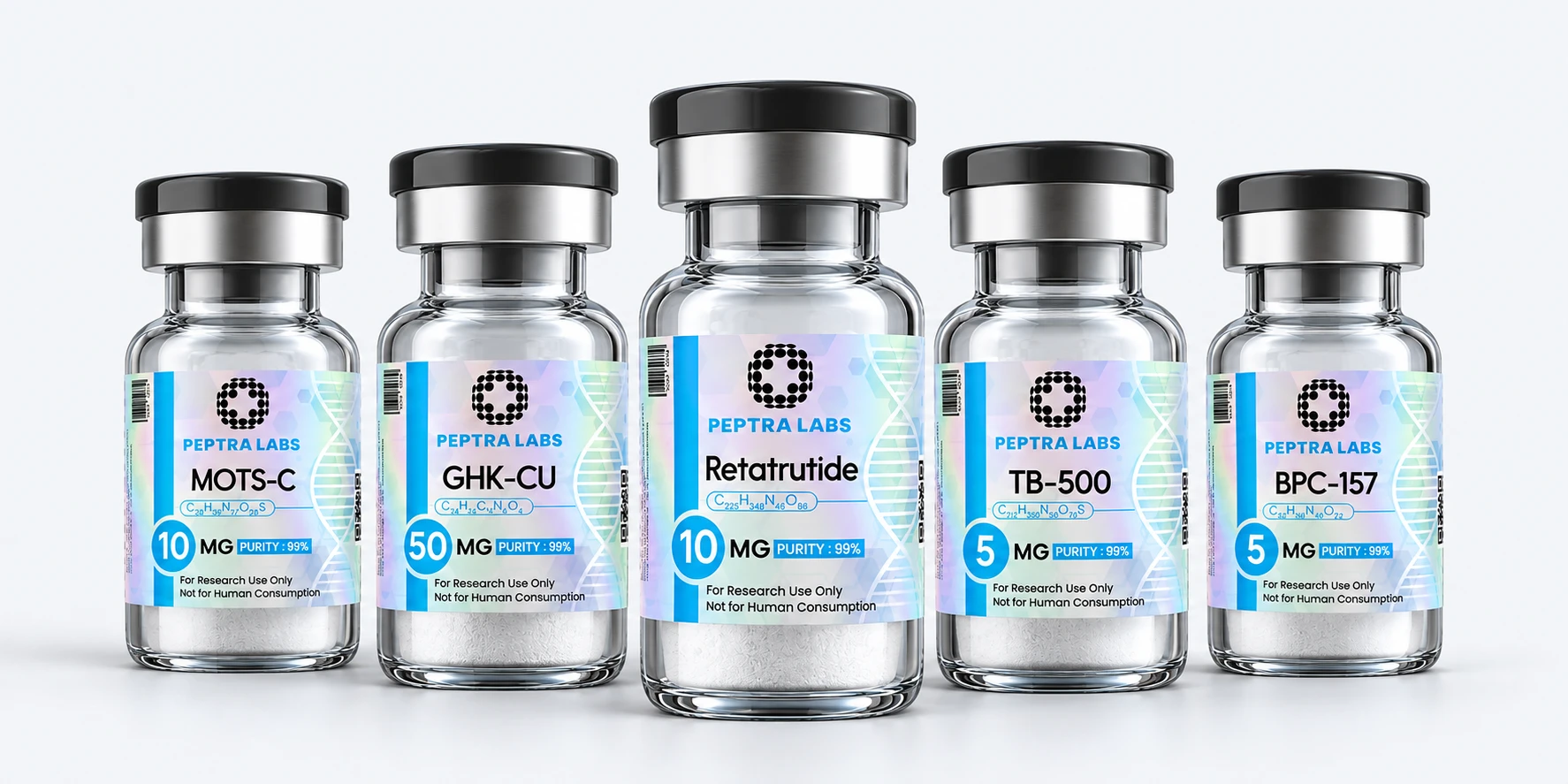Peptra Labs research peptide vials: Retatrutide, MOTS-c, GHK-Cu, TB-500 and BPC-157