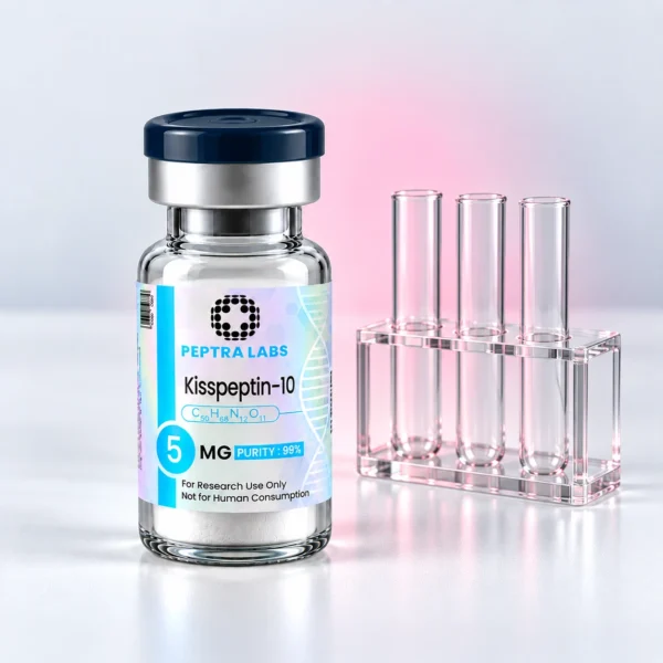 Kisspeptin-10 vial next to test tubes, sexual and reproductive health research category