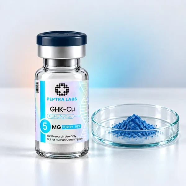 GHK-Cu vial next to a capsule of blue powder, skin and pigmentation research category