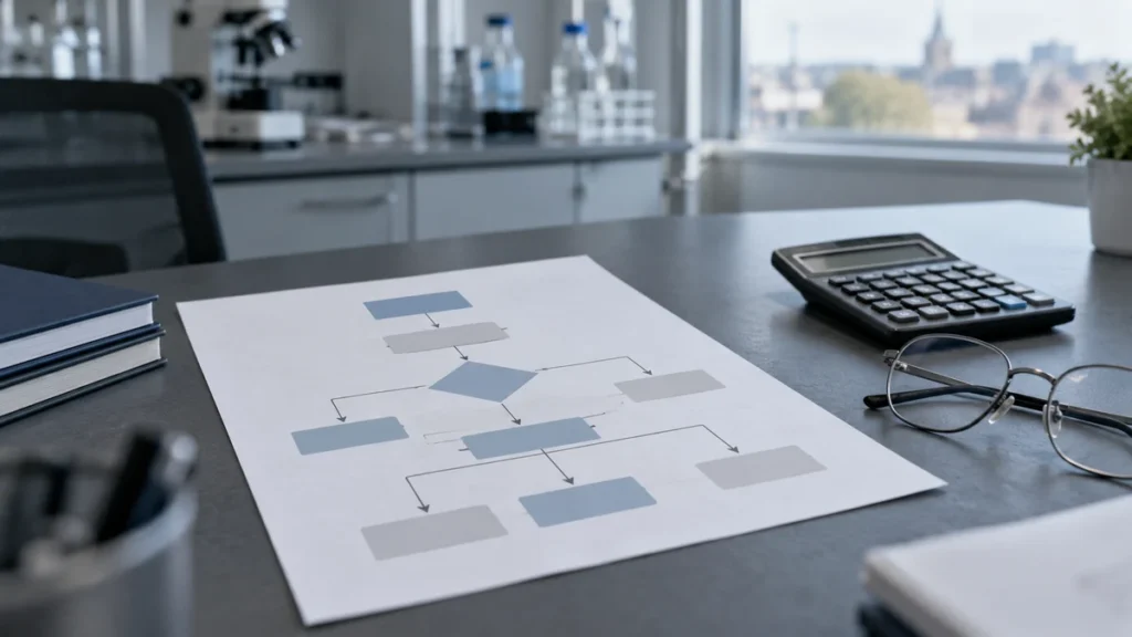 Clinical trial flow diagram on a laboratory desk